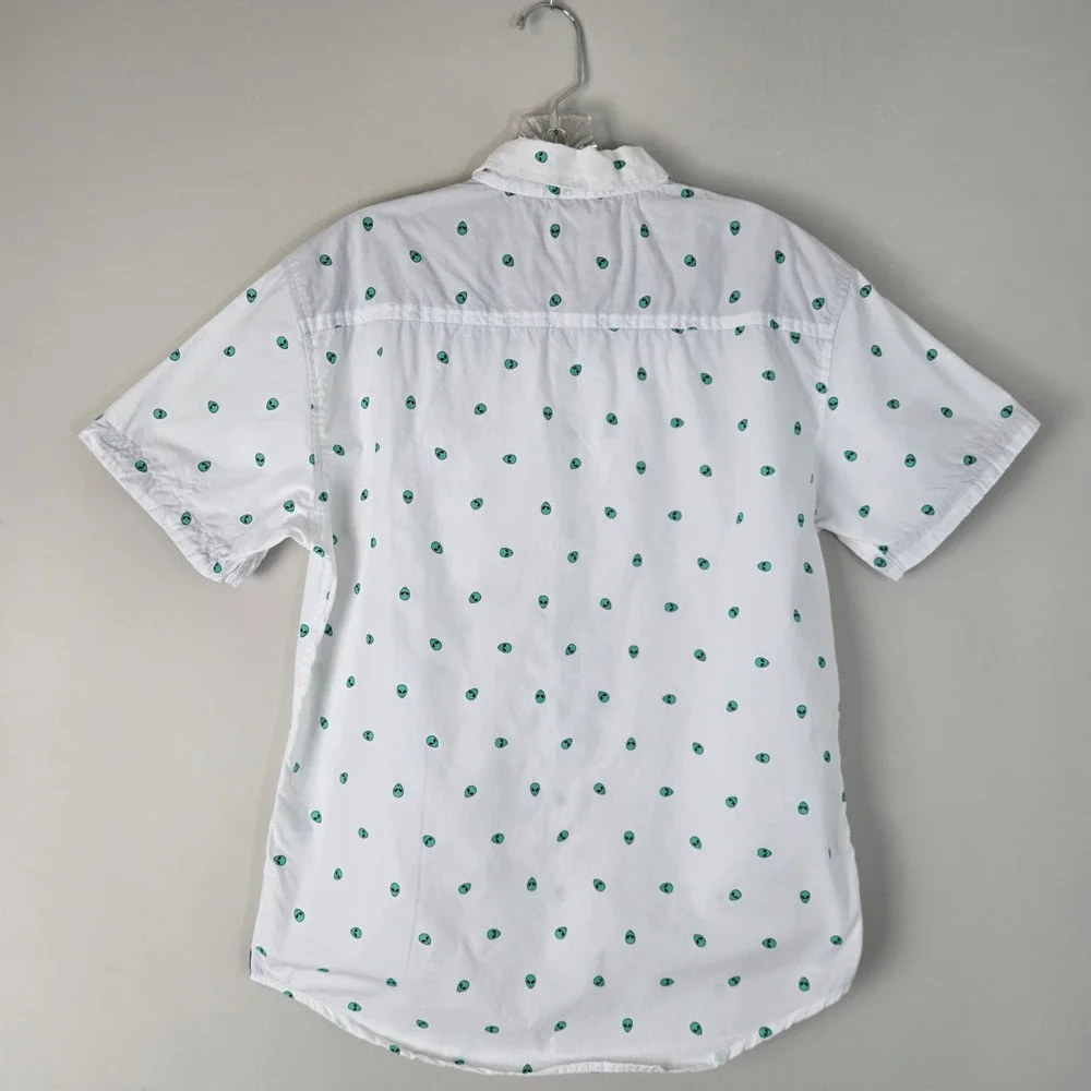 Alien Print Short Sleeve Button Down Shirt White Green Space Theme Top - Picture 3 of 8
